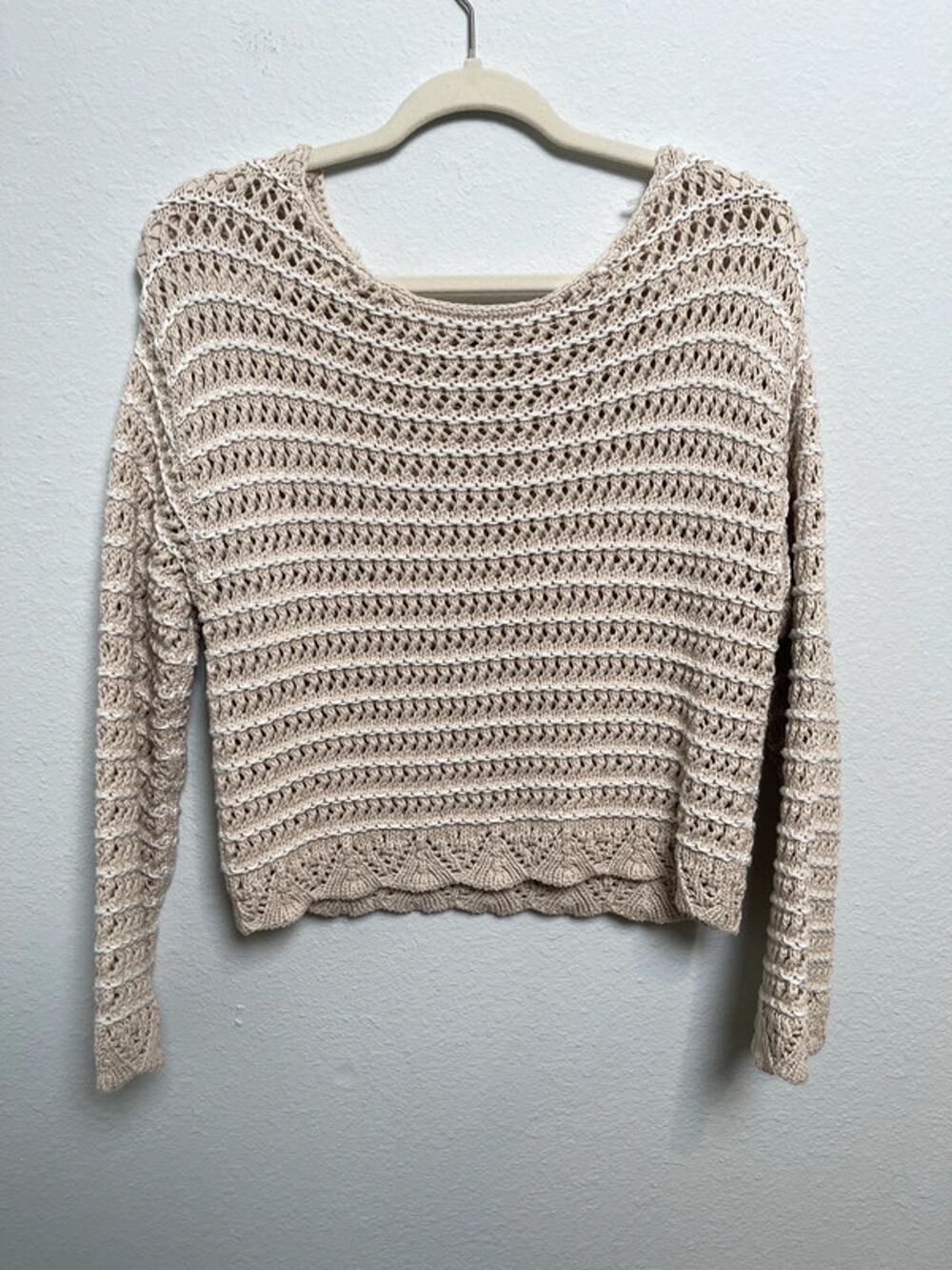 American Eagle Open Knit Crochet Sweater Women’s Small Beige White Boho Crop